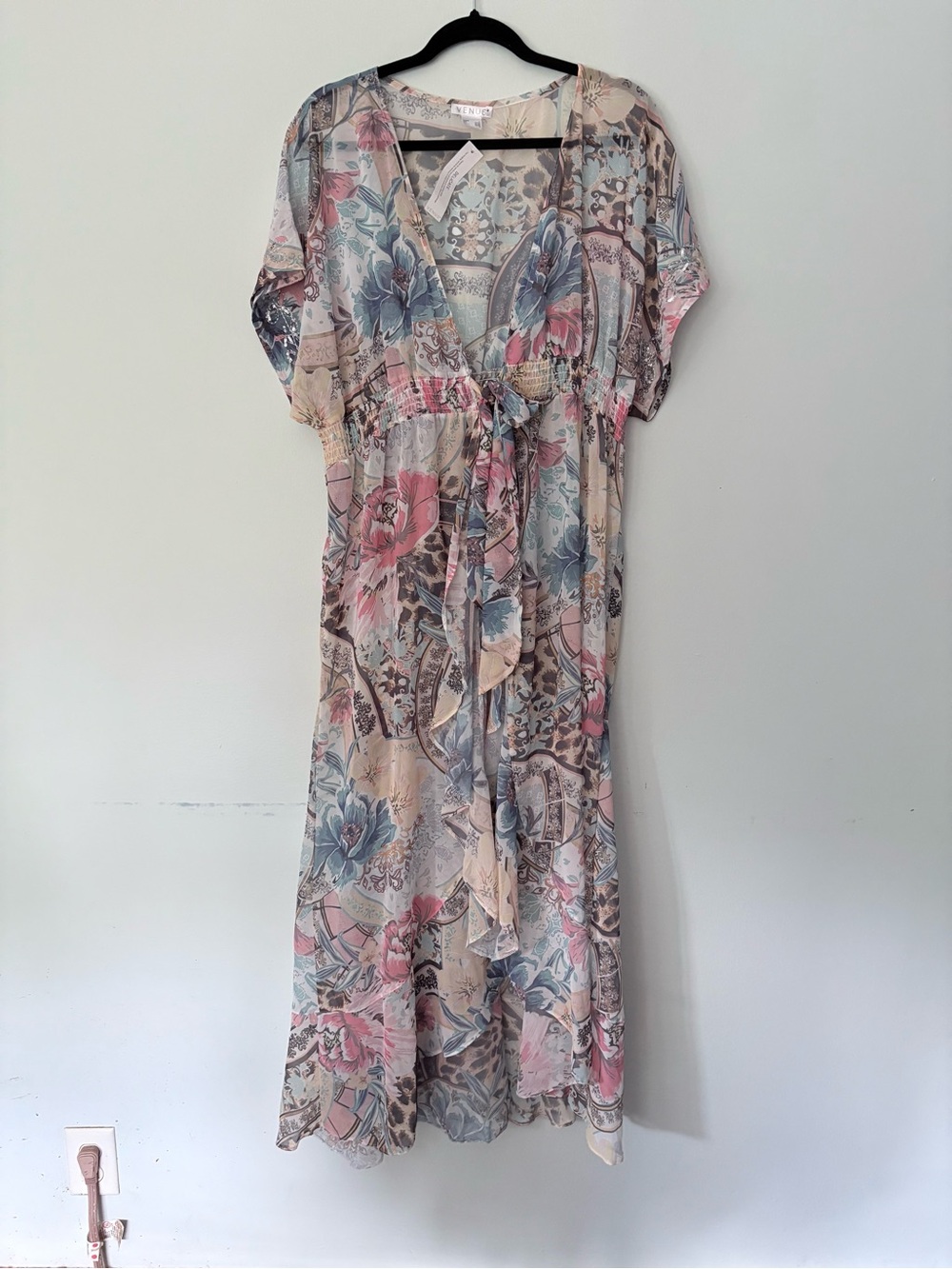 VENUS Pastel Floral Print Sheer Sequin Ruffle Maxi Duster Cover Up Beach Fairy L